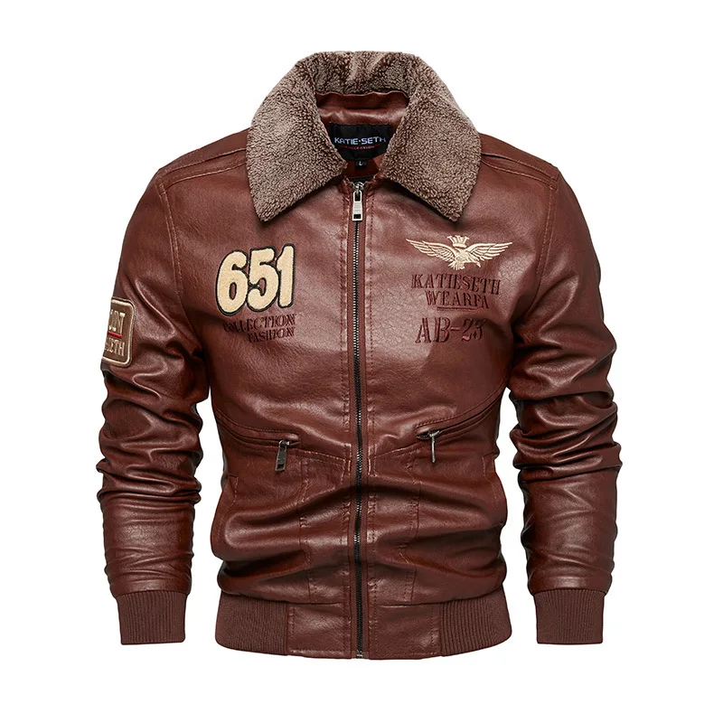 Men Autumn Jacket Bomber Biker Zipper Motorcycle Faux Fur Coat Male Fleece Pilot Vintage Black Brown Pu Leather Jacket Winter leather jackets imitation fur coat