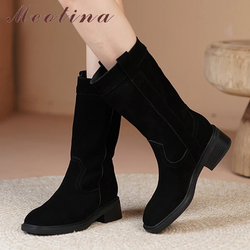 

Meotina Women Genuine Leather Mid Calf Boots Round Toe Thick Mid Heel Ladies Cow Suede Fashion Short Boot Autumn Winter Shoes 40