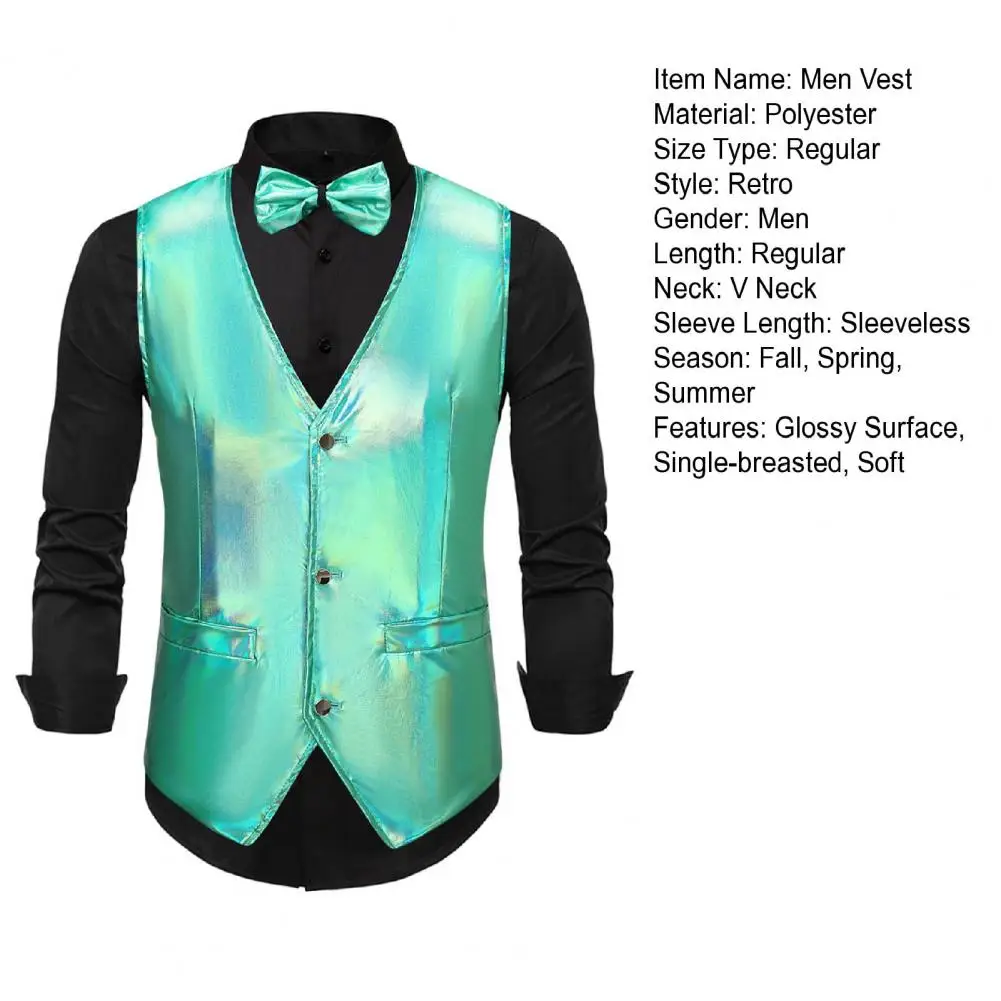 Description Picture 3 of itemMen Vest Comfortable Men Vest Retro Disco Men's Vest Bow Tie Set for Groom Wedding Party Glossy V Neck Waistcoat with Adjustable