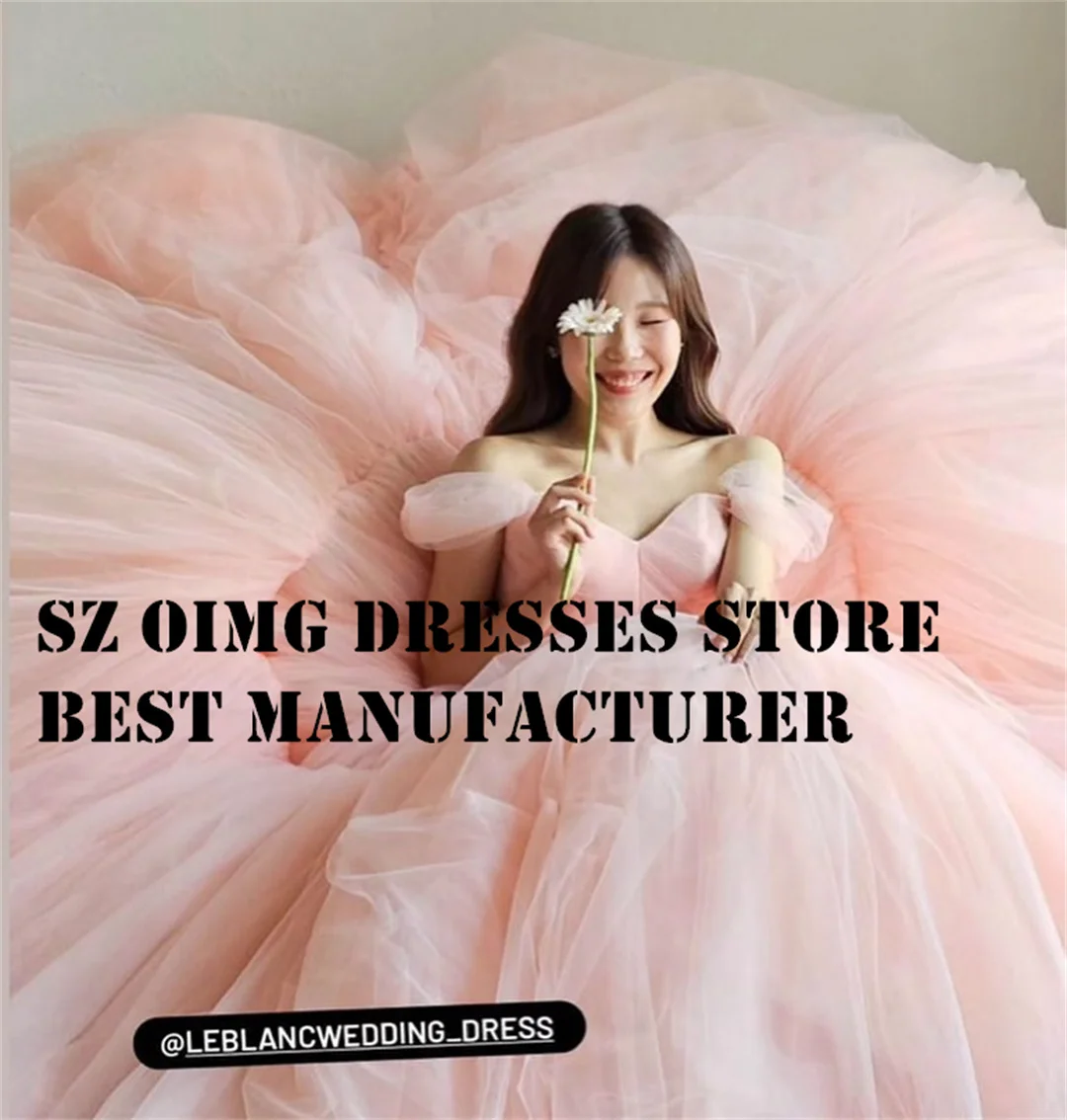 

OIMG Korea A-Line Pink Prom Maxi Dresses Ruched Short Sleeves Corset Off Shoulder Tulle Tiered Evening Gowns Formal Party Dress