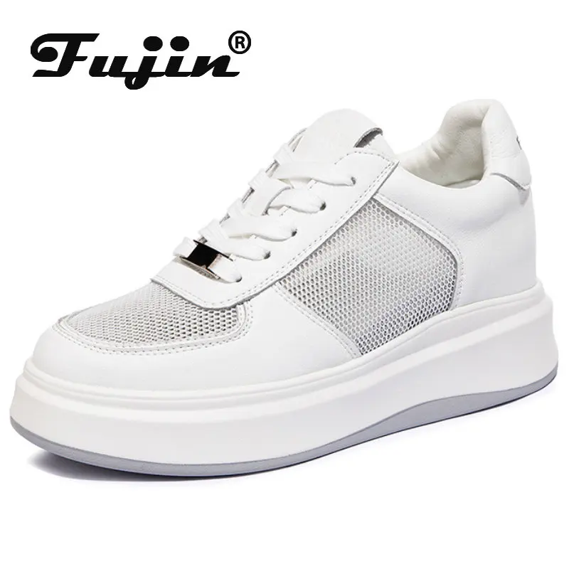

Fujin 7cm Air Mesh Chunky Sneakers Wedge Platform Breathable Hollow Vulcanized Summer Comfy Cow Genuine Leather Lace Up Ladies