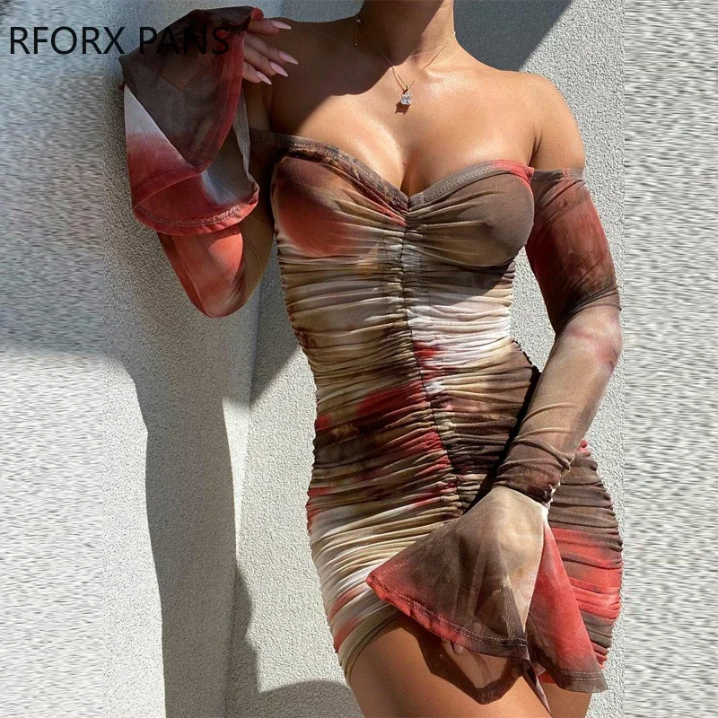 

Women Chic Cold Shoulder Long Flares Sleeves Tie dye shirring Mini Bodycon Party Sexy Dress