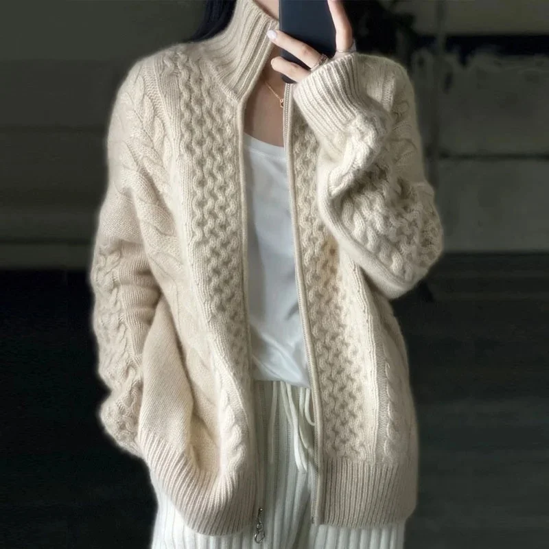 

European station autumn and winter thick high-necked cashmere knitted Cardigan woman loose thin zipper sweater coat wool coat