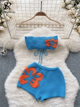 SINGREINY Bohemian Beach Style Knitting Sets Lace Up Bow Backless Sleeveless Strapless Top+Splice Flower Shorts Two Pieces Suits 1