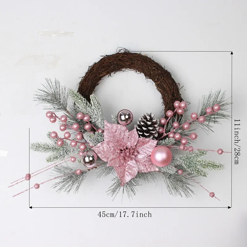 thumbnail image 1 of Nueva corona navideña rosa con bolas, planta artificial, guirnalda de ratán, adorno colgante de ratán navideño para decoración del hogar de Año Nuevo, 1 of 5