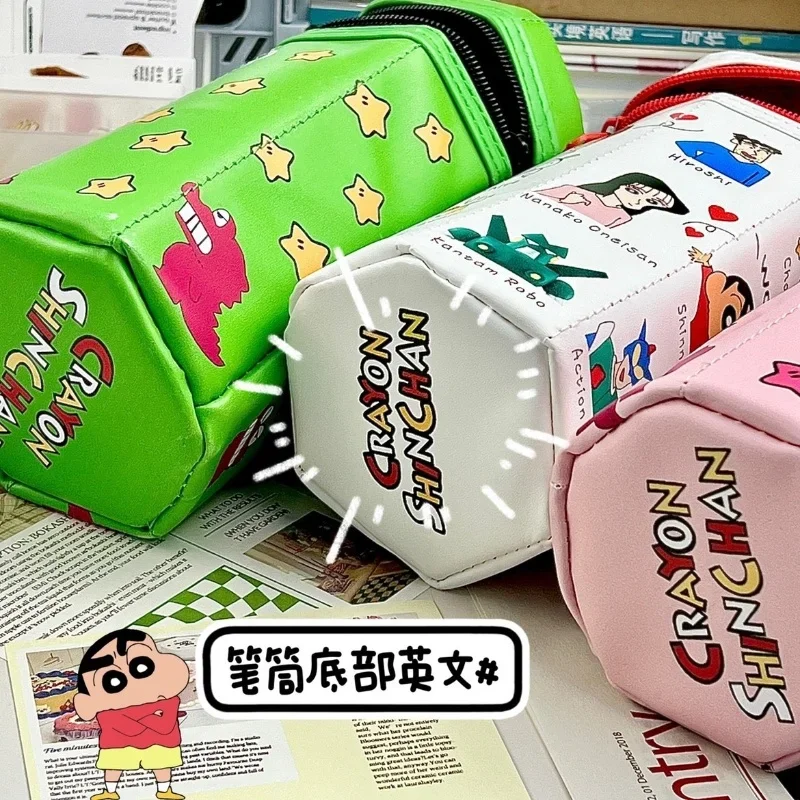Crayon Shinchan Cartoon Hexagonal Pencil Case Crocodile Hunter Biscuit Box Stationery Bag Student Storag Stationery Wholesale