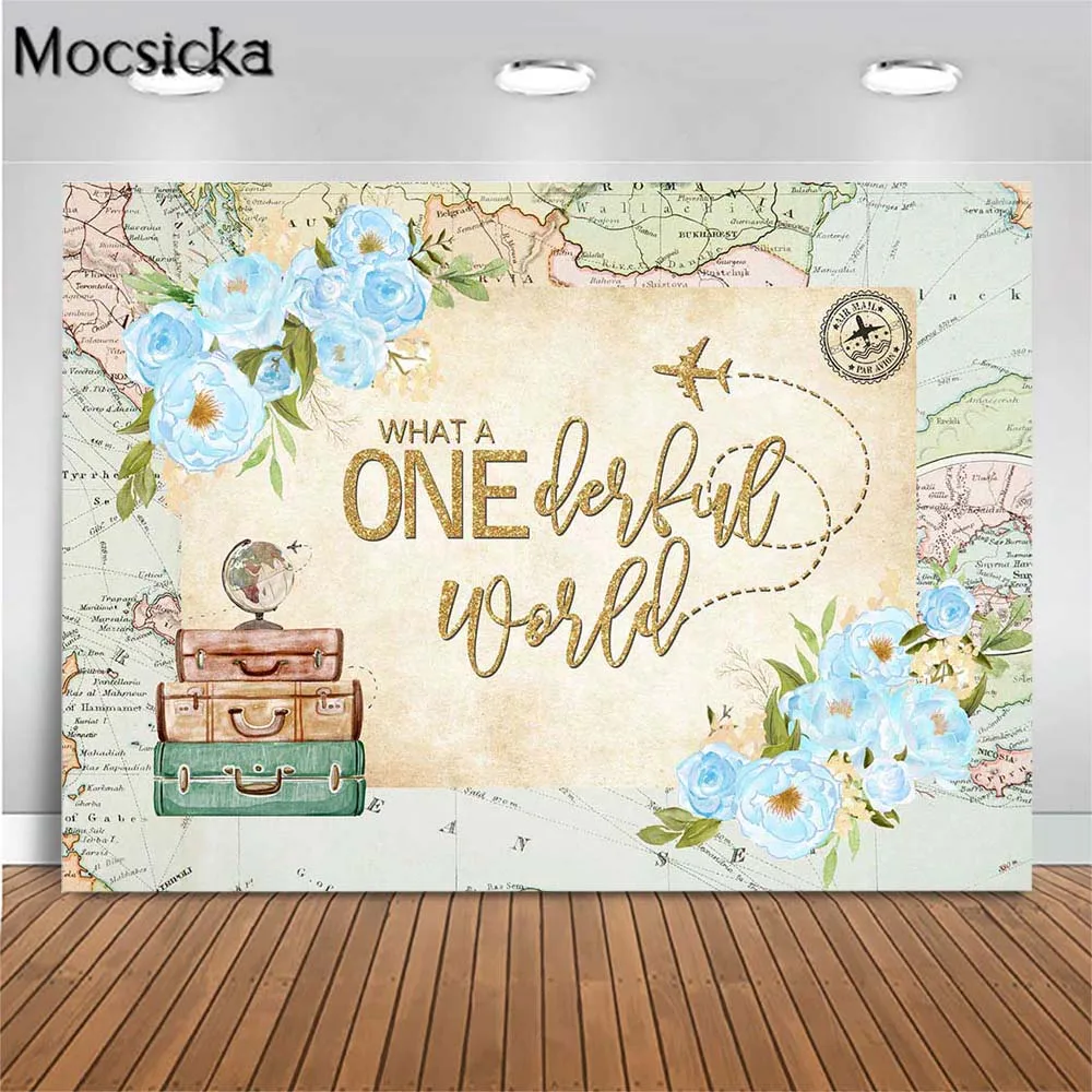 Mocsicka-baby 1st Birthday Party Backdrop Mapa do Avião Que Maravilhoso World Photo Backgrounds Adereços de Fotografia Recém-nascidos