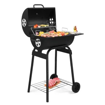 Barrel Charcoal Grill with Side Table and Wheels for Outdoor Cooking in Garden Patio Backyard and Party Use Durable Smoker Gril 1
