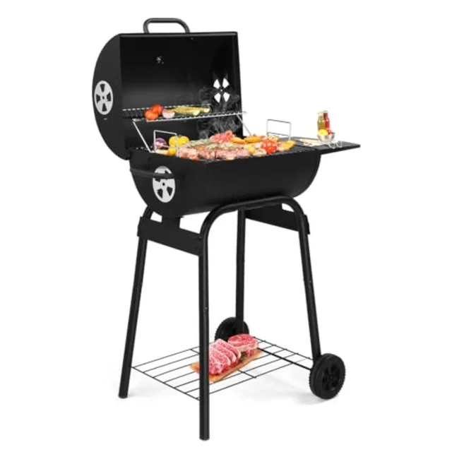 Barrel Charcoal Grill with Side Table and Wheels for Outdoor Cooking in Garden Patio Backyard and Party Use Durable Smoker Gril 1