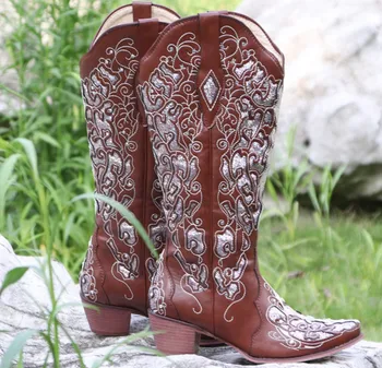 Vintage Brilliant Sequin Rhinestone Heel Boots Punk Winter Warm Fleece Chunky Western Cowboy Women's Boots PU Leather Long Boats 4