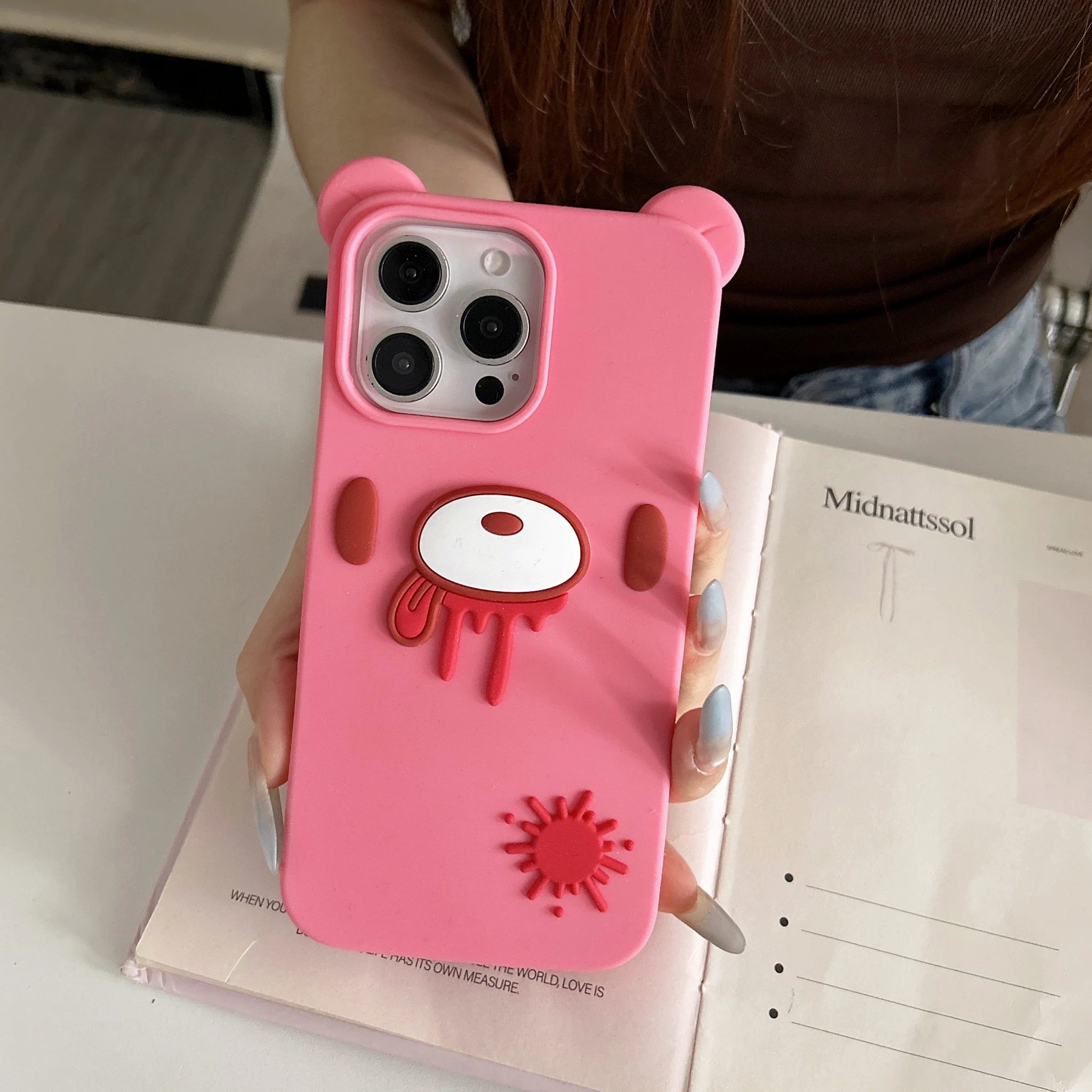 3D Cartoon Cute Gothic Bear Phone Case - Unique Bloody Design, Soft Silicone Cover