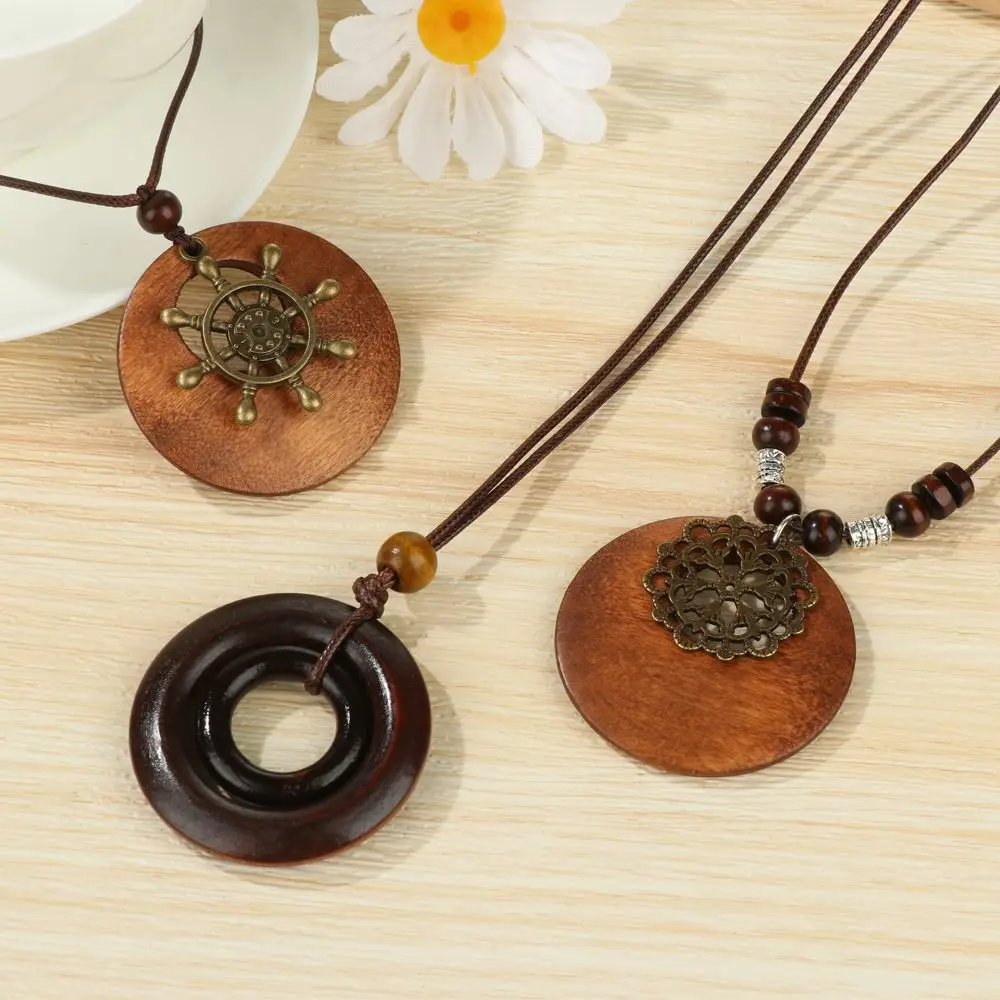Vintage Wooden Pendant Necklace with Ethnic Chain and Clock Accent