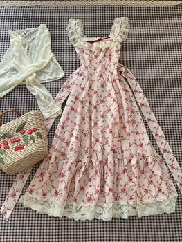 France Warm Lace Print Sling Dress Women Design Sweet Elegant Bow Slim Thin Dresses Female Vintage Chic Patchwork Clothes 2025 1