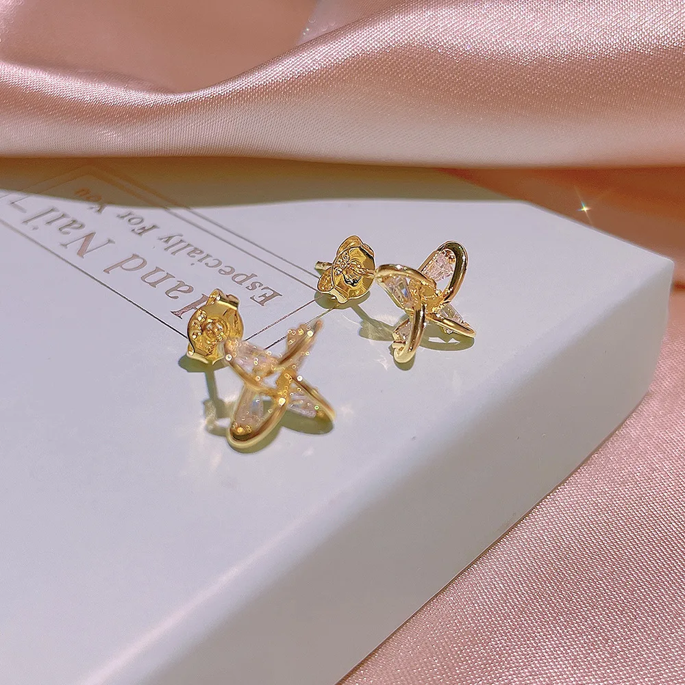 New Trendy 14K Real Gold Plated Bowknot Earrings for Women High Quality Jewelry S925 Silver Needle Stud Wedding Party Gift