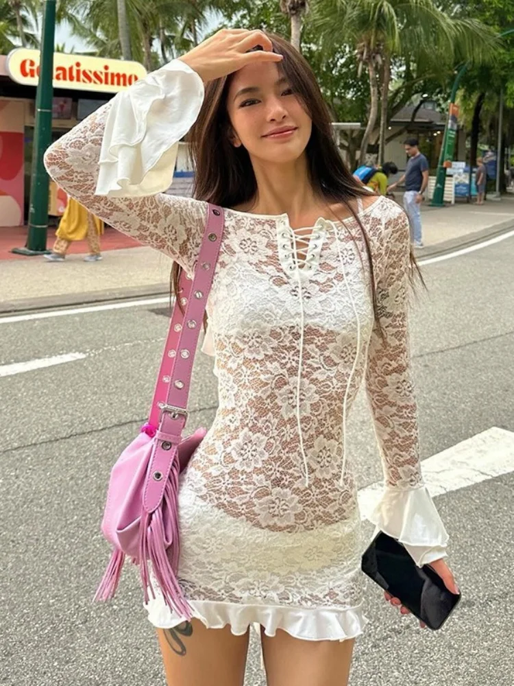 

See Through White Dress For Women Slash Neck Vestidos Elegantes Para Mujer Ruffles Long Sleeve Streetwear Lace Summer Outfits