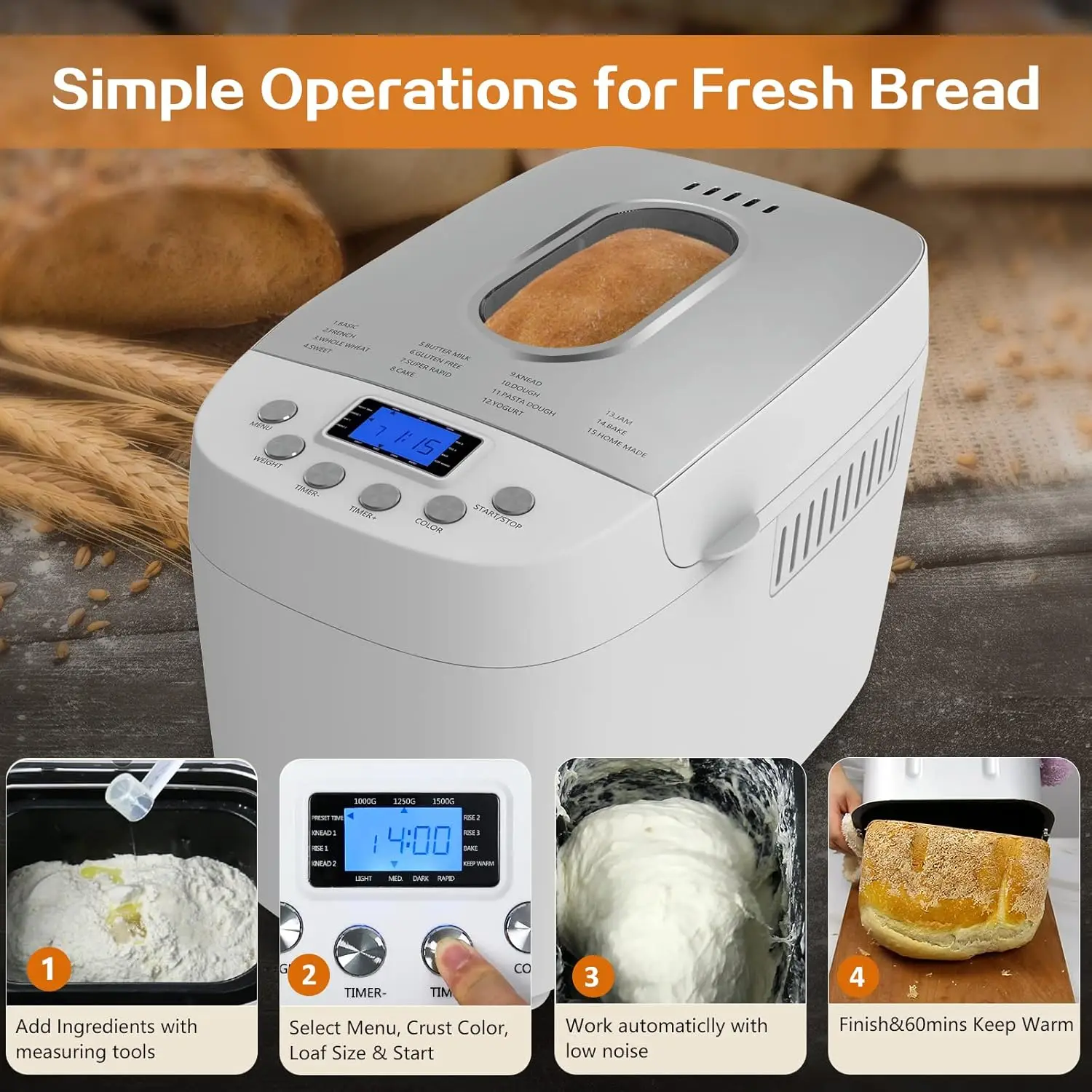 Bread Maker Machine 3.3LB Dough Maker,15-in-1 Automatic Bread Machine Maker with Nonstick Bowl, Jam& Yogurt