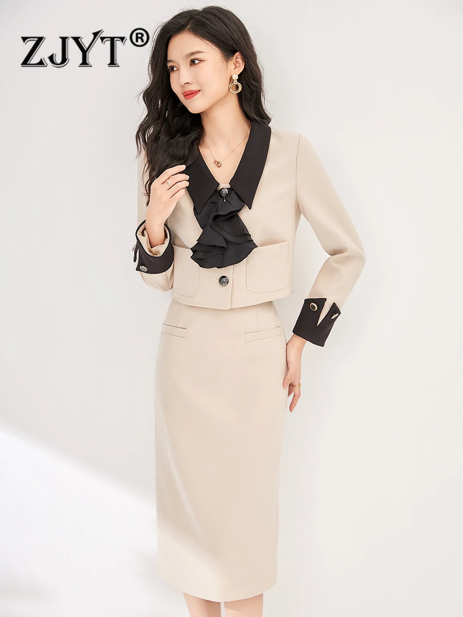 

ZJYT Autumn Elegant Ruffles Blazer Skirt Suit 2 Piece for Women 2023 Office Lady Party Outfit Conjuntos De Falda Vestidos