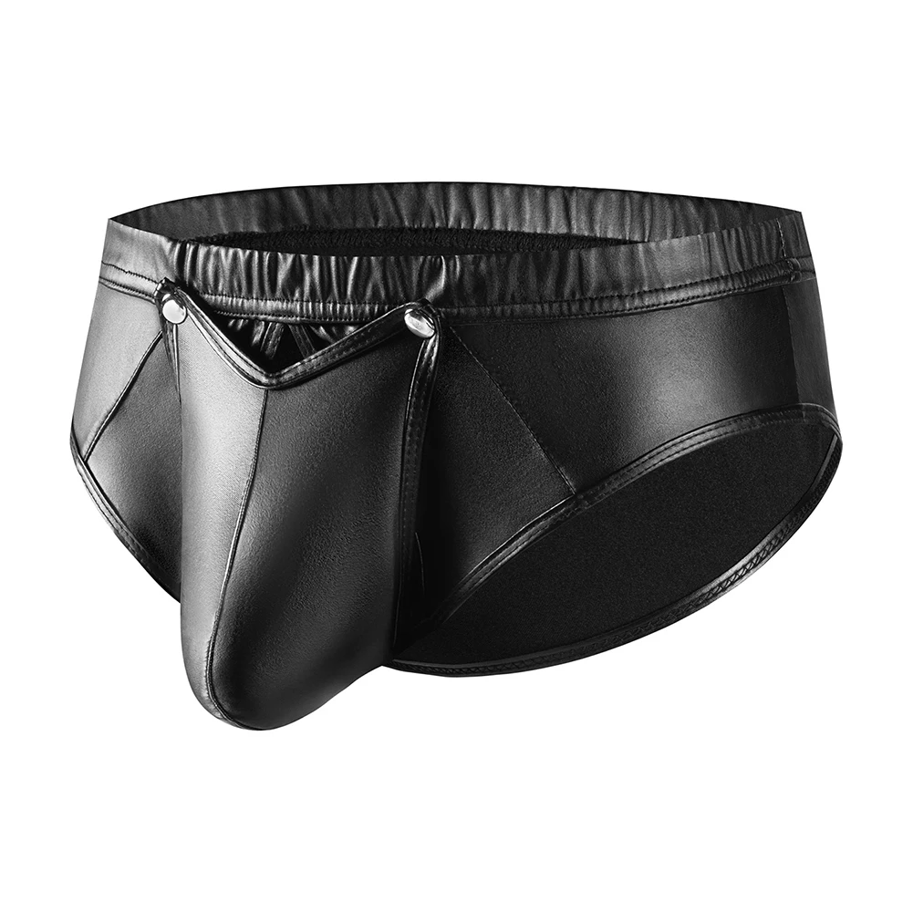 

Men Elastic Underwear Boxer Briefs Sissy Bulge Pouch Casual Comfortable Fashion Faux Leather Male Low Rise Shiny Shorts Lingerie