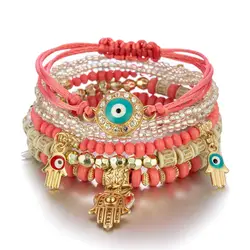 Bohemian Evil Eye & Heart Charm Beaded Bracelet Set - 6 Piece Jewelry Gift Collection (4)