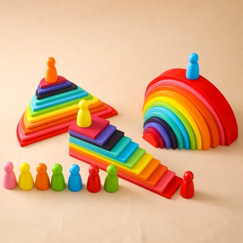 Montessori Wooden Block Toys Baby Building Rainbow Stacking Block Toy for Kids Arch Educational