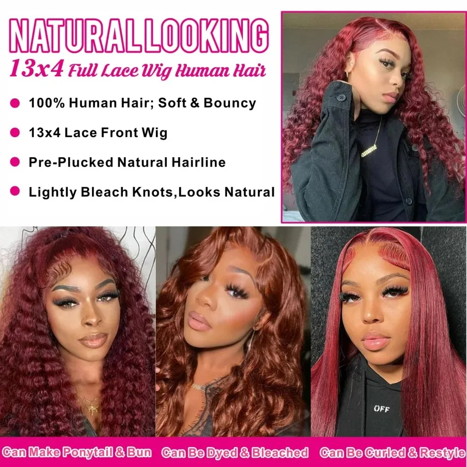 Human Hair Wig 30 40 Inch 99J Burgundy 13x6 Curly Lace Front Wig Red Wine Colored Pre Plucked Deep Wave 13x4 HD Lace Frontal