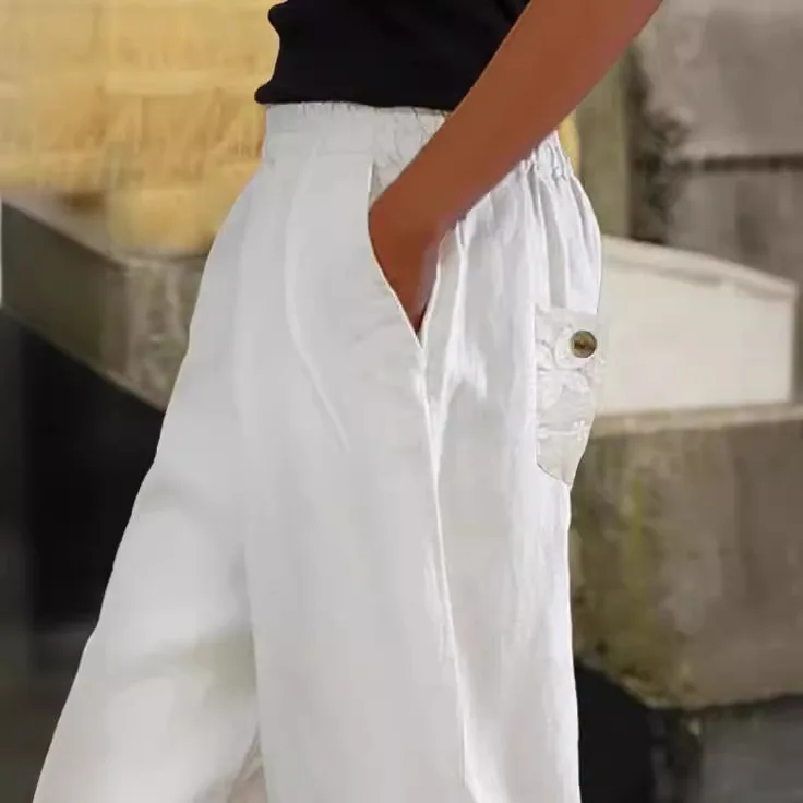 Women Fashion Embroidered Lace Trousers Vintage Lace-Up Pockets Pants Summer Elegant Loose Elastic Waist Long Pants Streetwears
