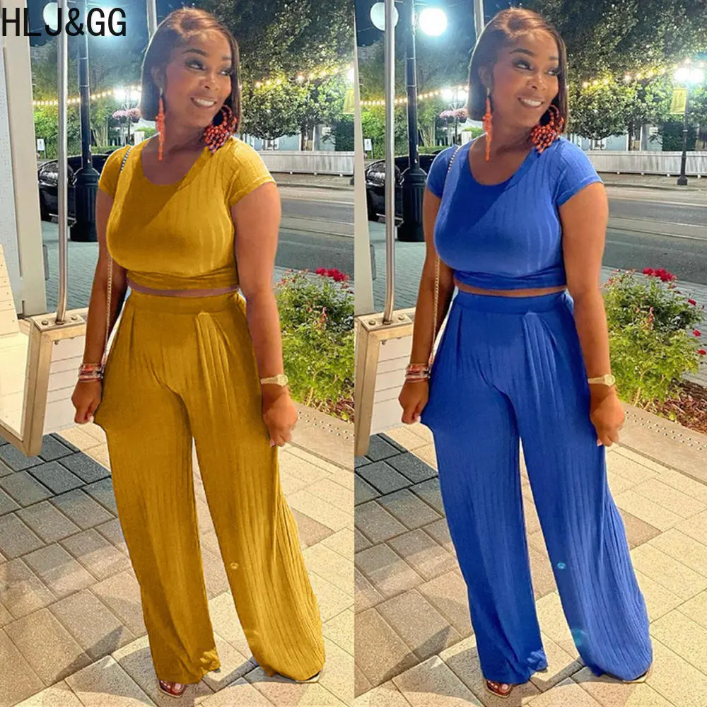 HLJ&GG Casual Solid Wide Leg Pants Two Piece Sets Women Round Neck Short Sleeve Crop Top And Pants Tracksuits Female 2pcs Outfit