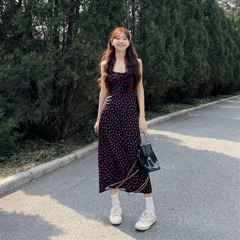 

Floral Retro Midi Dress Women Summer Sleeveless Backless Spaghetti Straps Beach Long Dress Vintage Bohemian Black Floral Dress