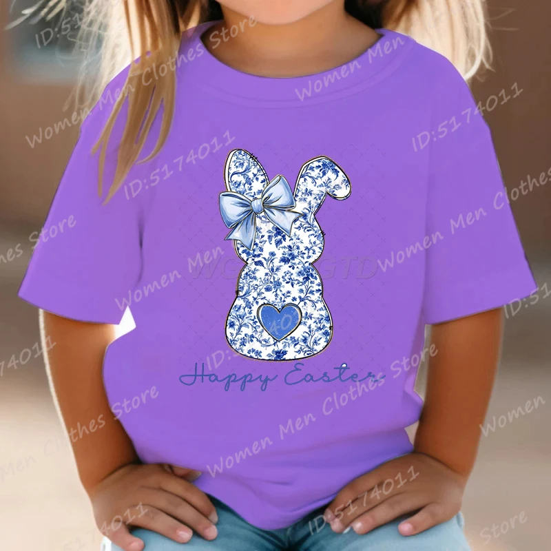 Happy Easter Floral Bunny Print T-shirt, Easter Day Tees, Cute Bunny T-shirts, Casual Short Sleeve Tshirt, Children Girl T-shirt