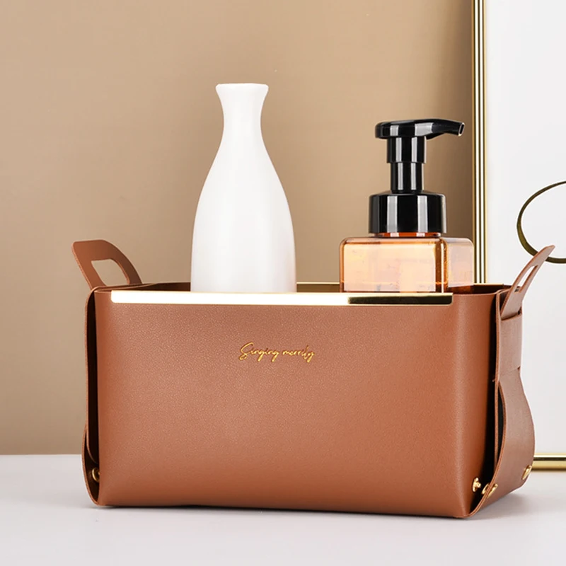 

Leather Storage Box With Handle Desk Debris Sorting Living Room Skin Care Cosmetics Snacks Leather Storage Tray