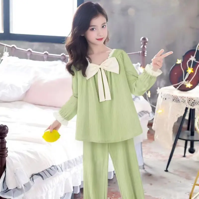 여자 잠옷 봄 가을 얇은 면사 투피스 소녀 공주 스타일 긴팔 양복 어린이 에어컨 의류