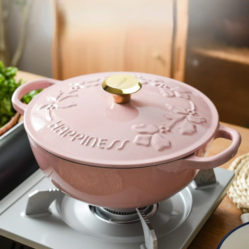28cm Gardenia Embossment Cast Iron Pot Pink Kitchen Cookware Inwall Black  Enamel Pots Open Fire Induction Cooker Cooking Pots - AliExpress