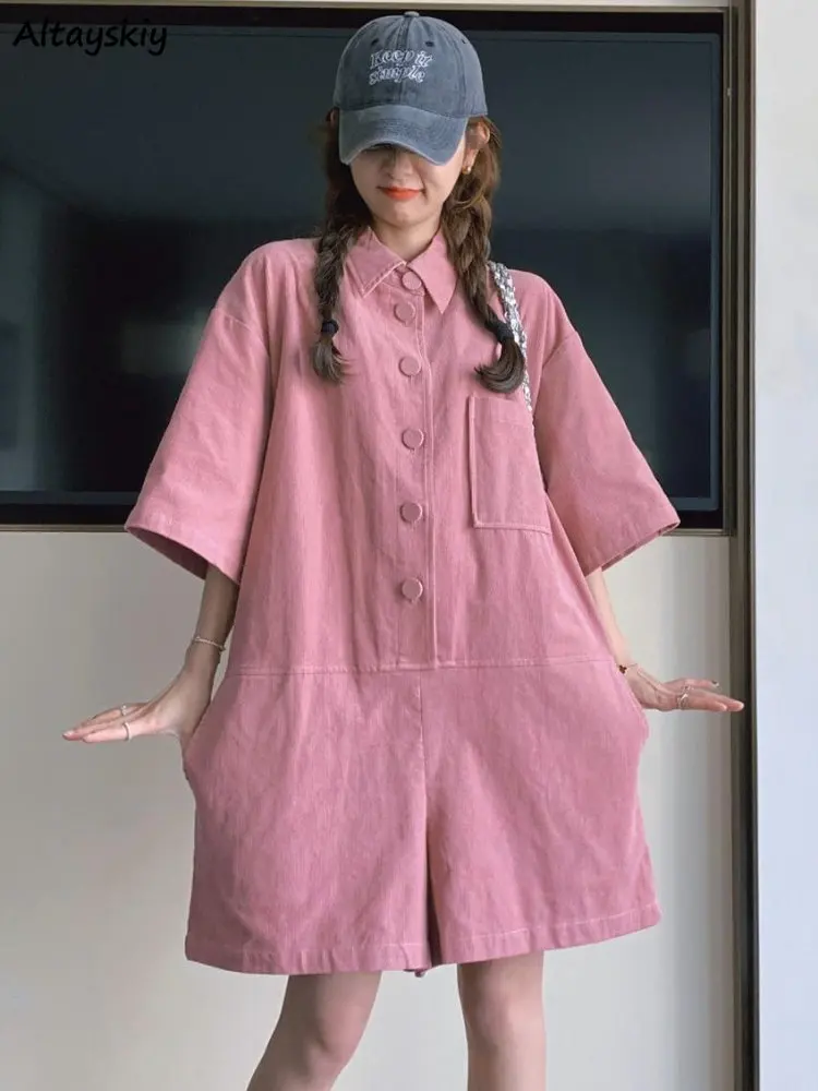 

Wide Leg Rompers Women Baggy Sweet Cargo Pure Streetwear Tender Casual Pockets All-match Girlish Ulzzang Simple Teens Aesthetic