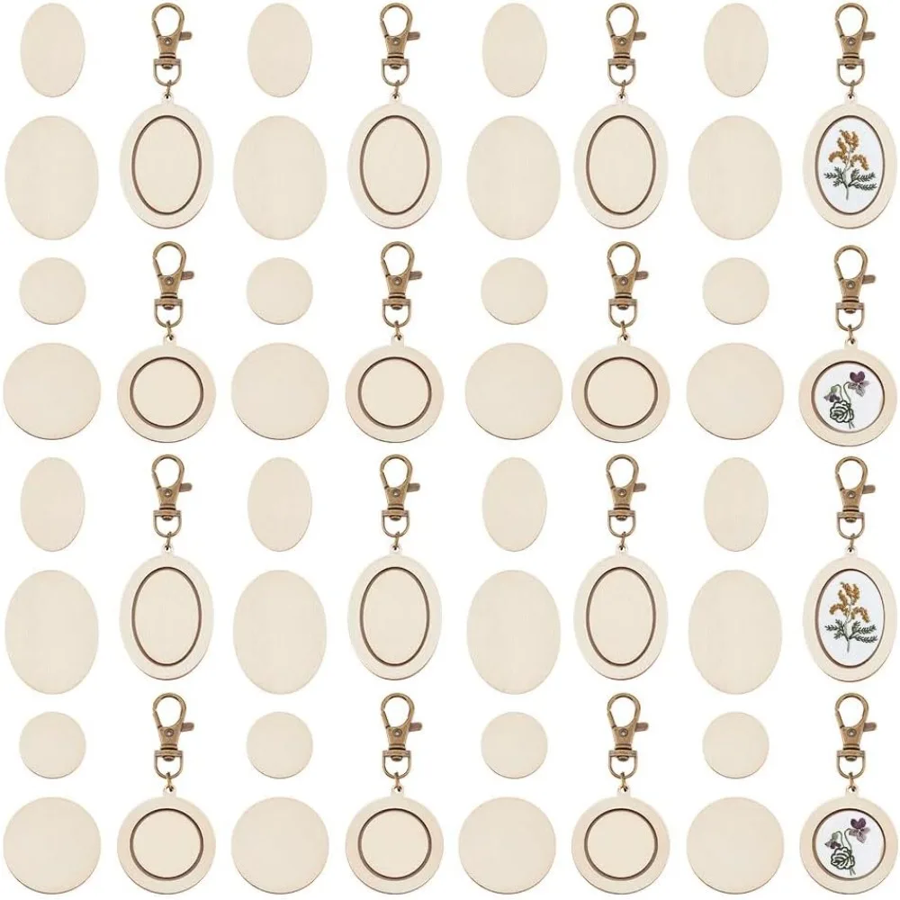 24 Pcs Mini Embroidery Hoop Keychain Tiny Wooden Cross Stitch Hoop with Lobster Claw Clasp Oval/Round Wood Pendant Kit for Craft