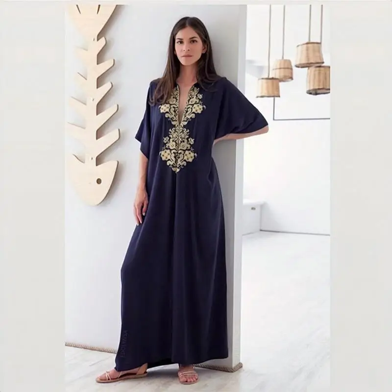 Summer New Bikini Cover-Up Robe V-Neck Gold Thread Embroidered Cotton Long Elegant Dress Sexy Women's Beach Swimwear Cover-Up