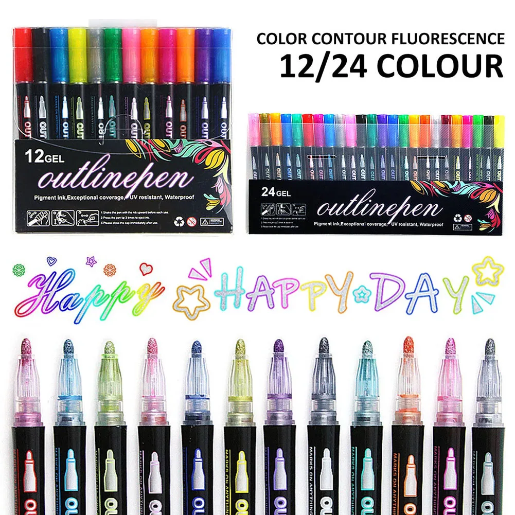 12color/24 Color Double Line  Markers Double Line Markers Pens For Painting Greeting Cards DIY Photo Album 8pcs set metal color craft pen gold silver marker sign in signature greeting card photo album metal wholesale