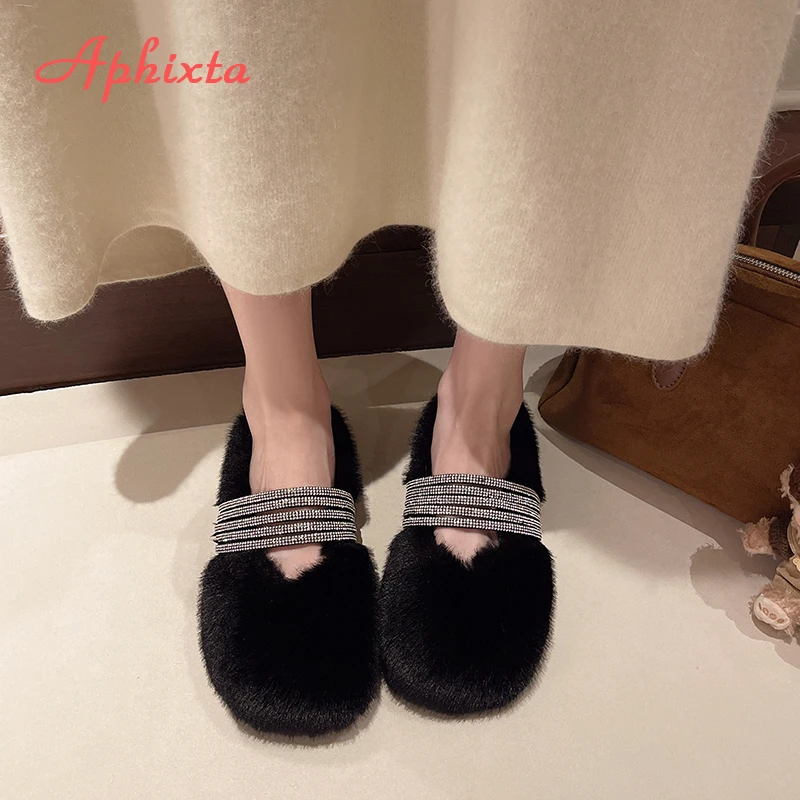 Aphixta Flat with Furry Slipper Shoes for Woman Crystal Band Slip on Women's Mules  Korean Style Luxury Brand Shoes Designer