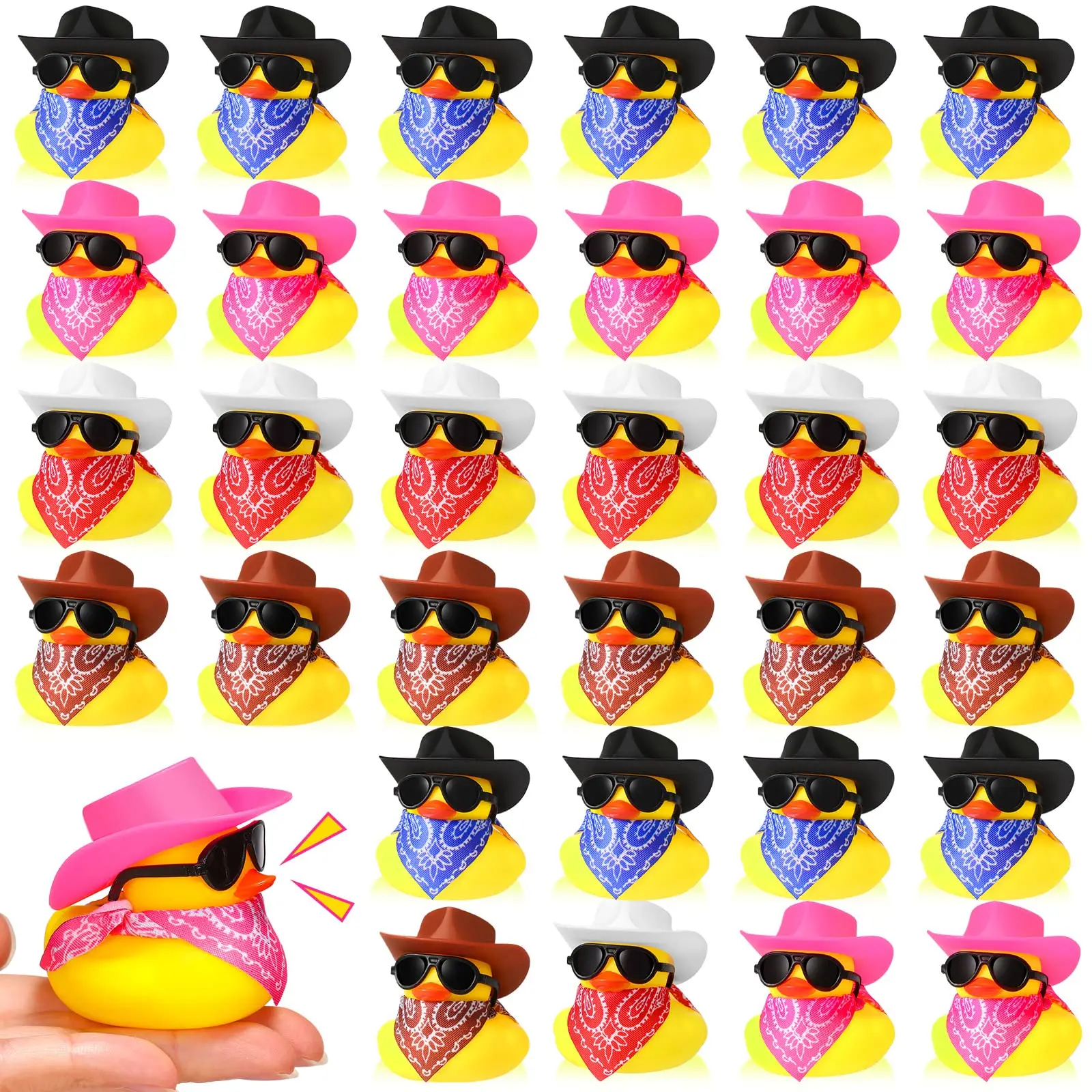 

36 Set Cowboy Rubber Duck Mini Yellow Duckies Bath Party Toy Tiny Ducks Bathtub Toy with Cowboy Hat Paisley Bandanas Sunglasses