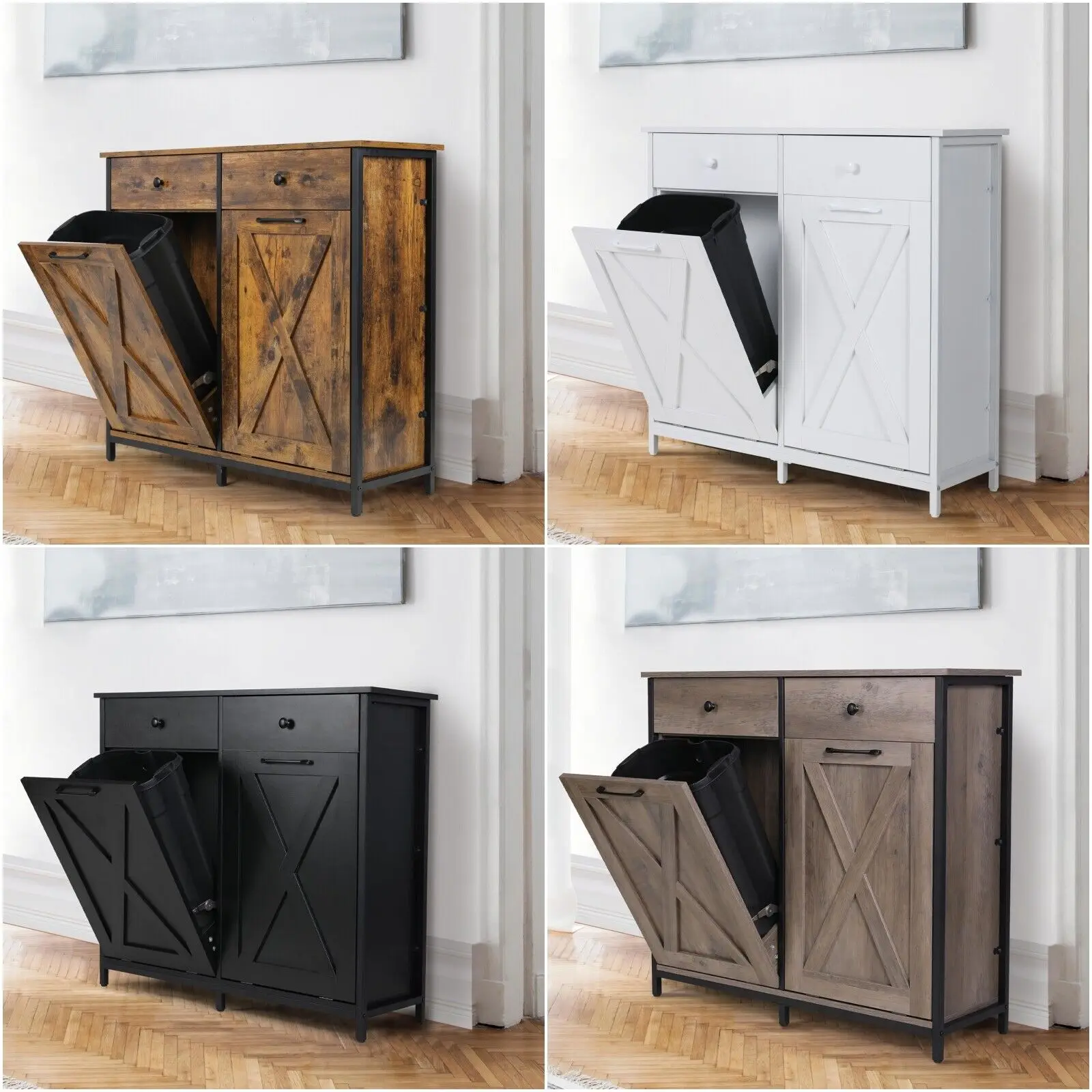 Dual Kitchen Trash Cabinet, 2 x 10 Gallon Double Tilt Out Trash Can Cabinet with Countertop and Drawer, Free-Standing Pet Proof
