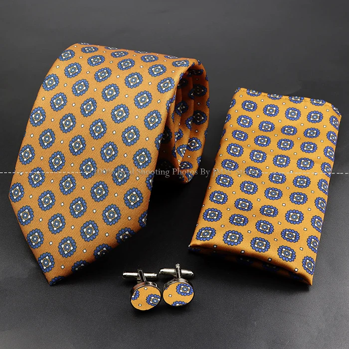 Herrenmode 7,5cm Weiche Seidenkrawatte Set mit Einstecktuch Manschettenknöpfe Boutonniere Blau Grün Orange Gepunktet Blumenmuster Krawatte für Hochzeiten – Detail 36