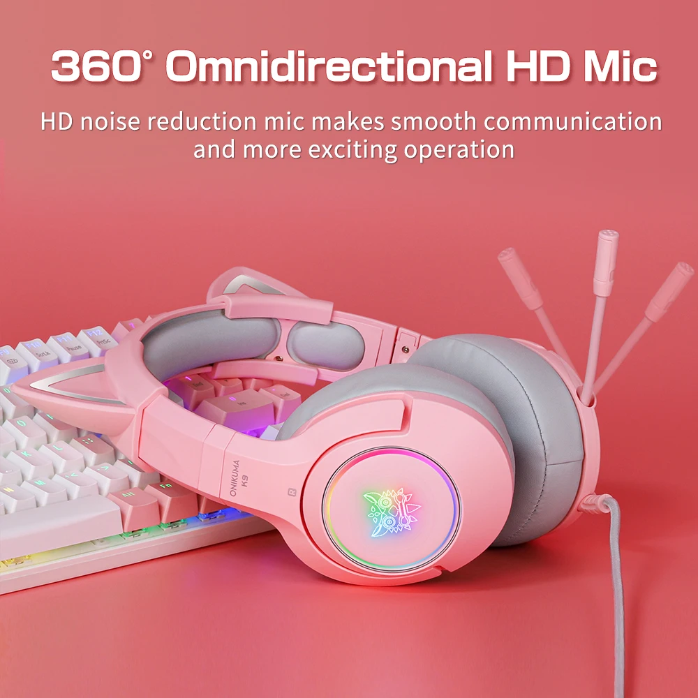 ONIKUMA K9 Pink Cat Ear Headphones with RGB LED Light Flexible Mic Gaming Headset 7 1