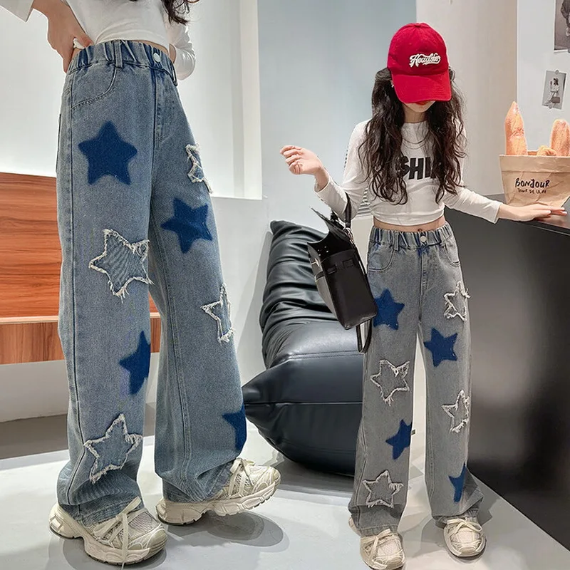 Girls School Wide Leg Pants with Star Design Casual Loose New Spring Fashion Long Jeans Children Korean Style Trousers