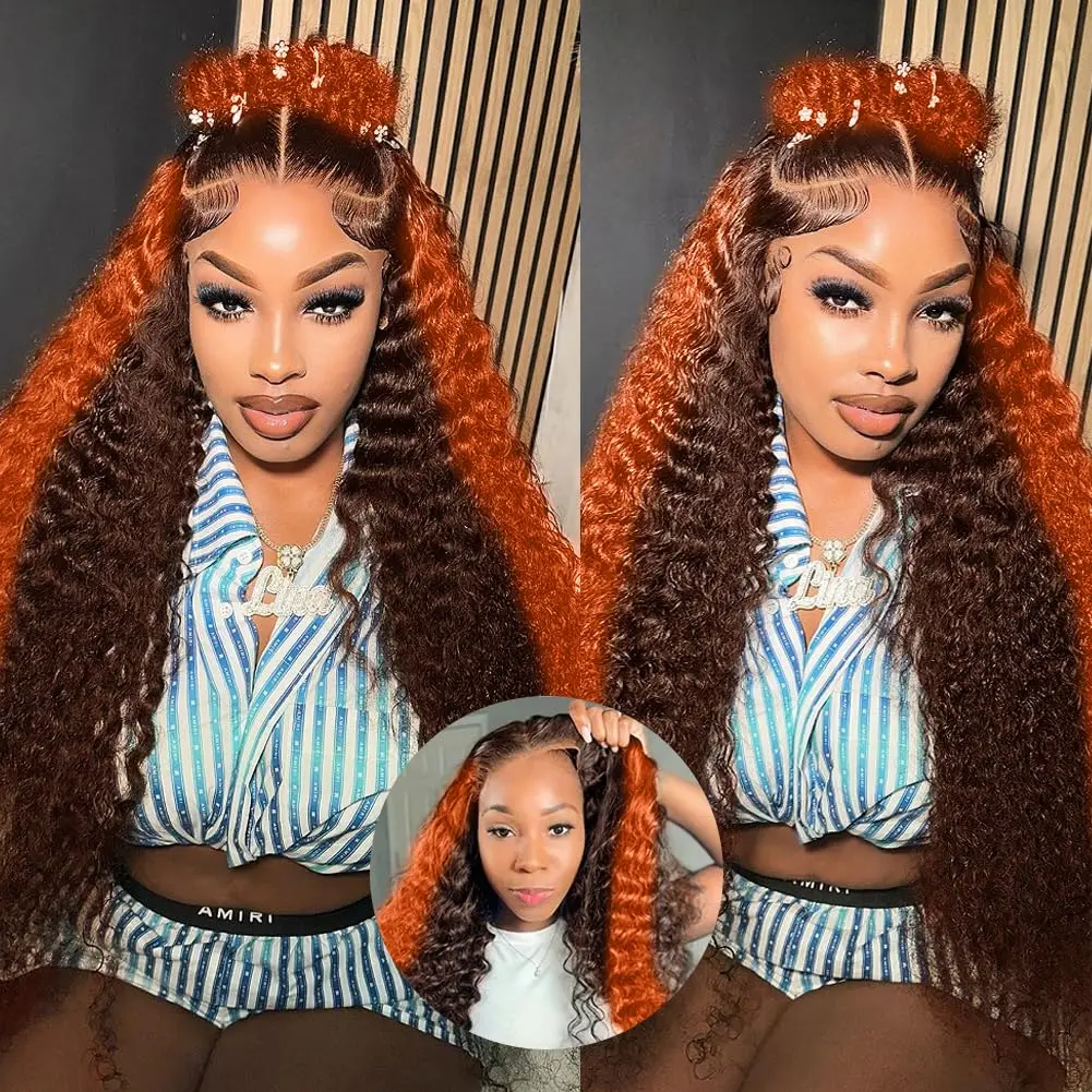 Orange Highlight Colored Deep Wave Lace Front Wigs Human Hair Pre Plucked 13x6 HD Lace Front Wigs Ginger Curly Human Hair Wig