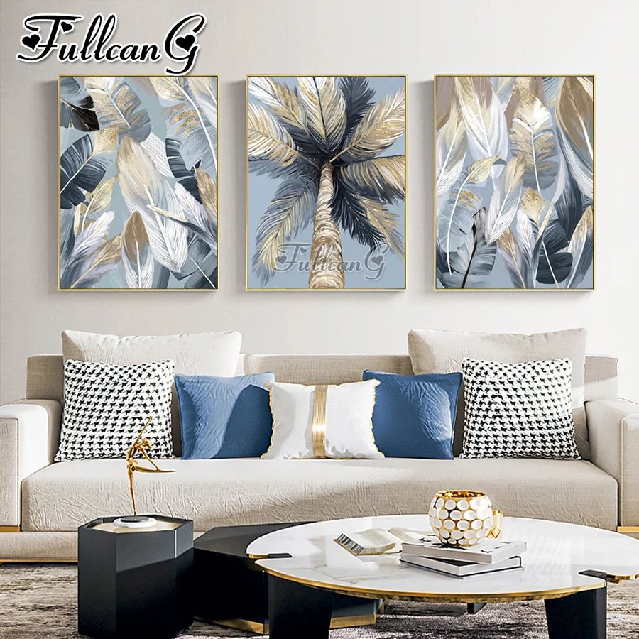 

5D Diy full diamond painting Gold Tropical Tree Palm Leaves Mosaic Embroidery triptych Modern Home Decoration Picture AA3678