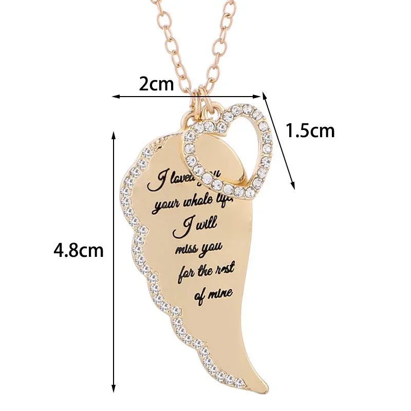 Delysia King Women's Angel Wings Love Pendant Trendy Metal Crystal Inlay Printing Hollowed Out Heart Necklace