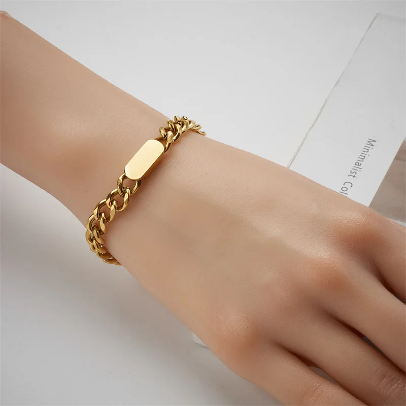 ANENJERY 316L Stainless Thick Chain Smooth Rectangle Bracelet For Women Men Simple Hip Pop Bracelet Jewelry Accssory
