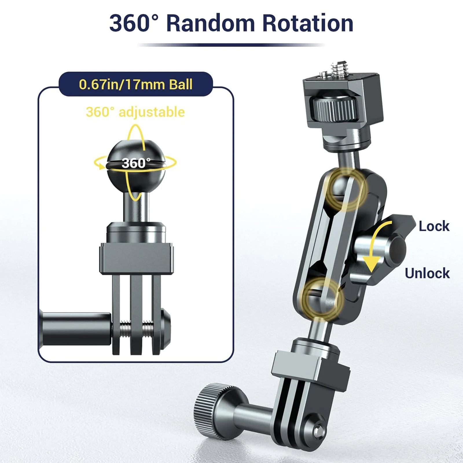 Bras Magique 17mm Double Rotule 360° pour Caméra Action - Support 5kg fixé à un trépied avec la caméra en position basse