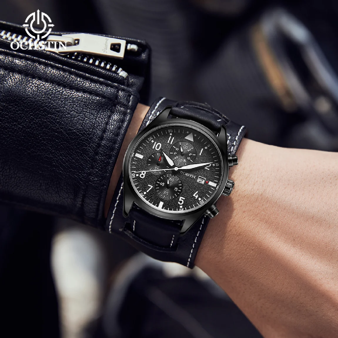 

OCHSTIN Casual Fashion Chronograph Man Luxury Brand Wristwatch Male Business Quartz Clock with Leather Black New Erkek Kol Saati