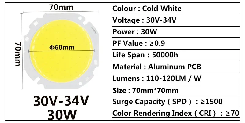 30W 50W Hochleistungs-LED Runde COB-Lichtperlen 30-34V 60MM LED-Lampenperle LED-Birnenchip Spot-Licht Downlight Diodenlampen Kaltweiß – Detail 1