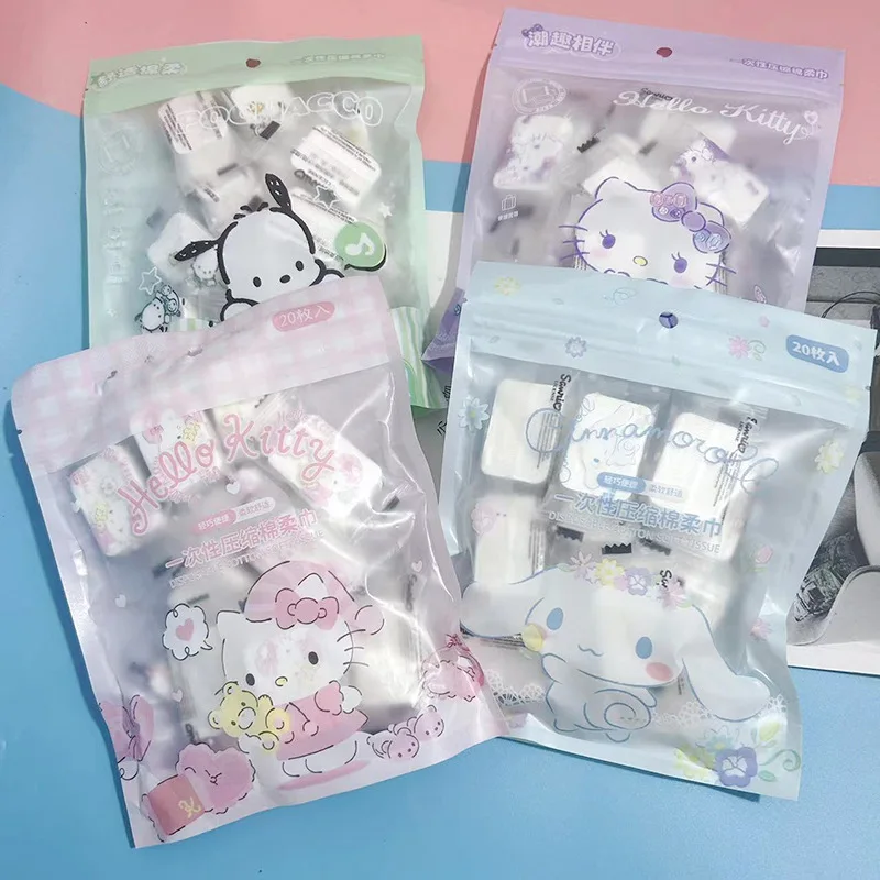 Сжатые полотенца Sanrio Hello Kitty Cinnamoroll Kuromi, одноразовое полотенце для лица, портативное очищающее полотенце, портативные дорожные принадлежности